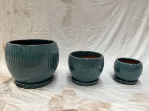 Modern Blue Glazed Ceramic Round Planters with Saucers - Set of 3 Large Pots for Indoor and Outdoor Plants