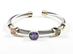 Modern Cable Wire Band Design Large Square Shape Multi Color CZ Brass Cuff Bangle