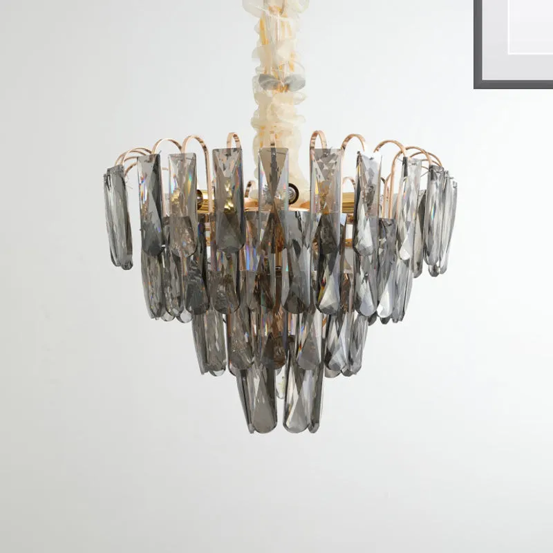 Modern Crystal Tiered Chandelier Lamp - Clear/Smoke Gray, 7-Light Pendant for Bedroom