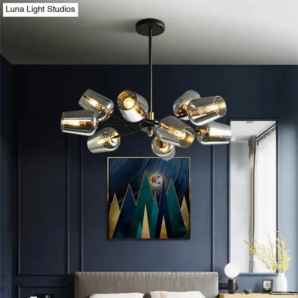 Modern Cup Shaped Chandelier with Clear/Smoke Gray Glass - 6/9 Lights - Bedroom Lighting - Black Suspension Lamp