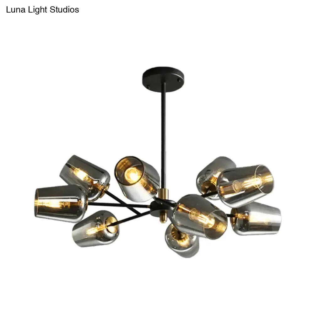 Modern Cup Shaped Chandelier with Clear/Smoke Gray Glass - 6/9 Lights - Bedroom Lighting - Black Suspension Lamp