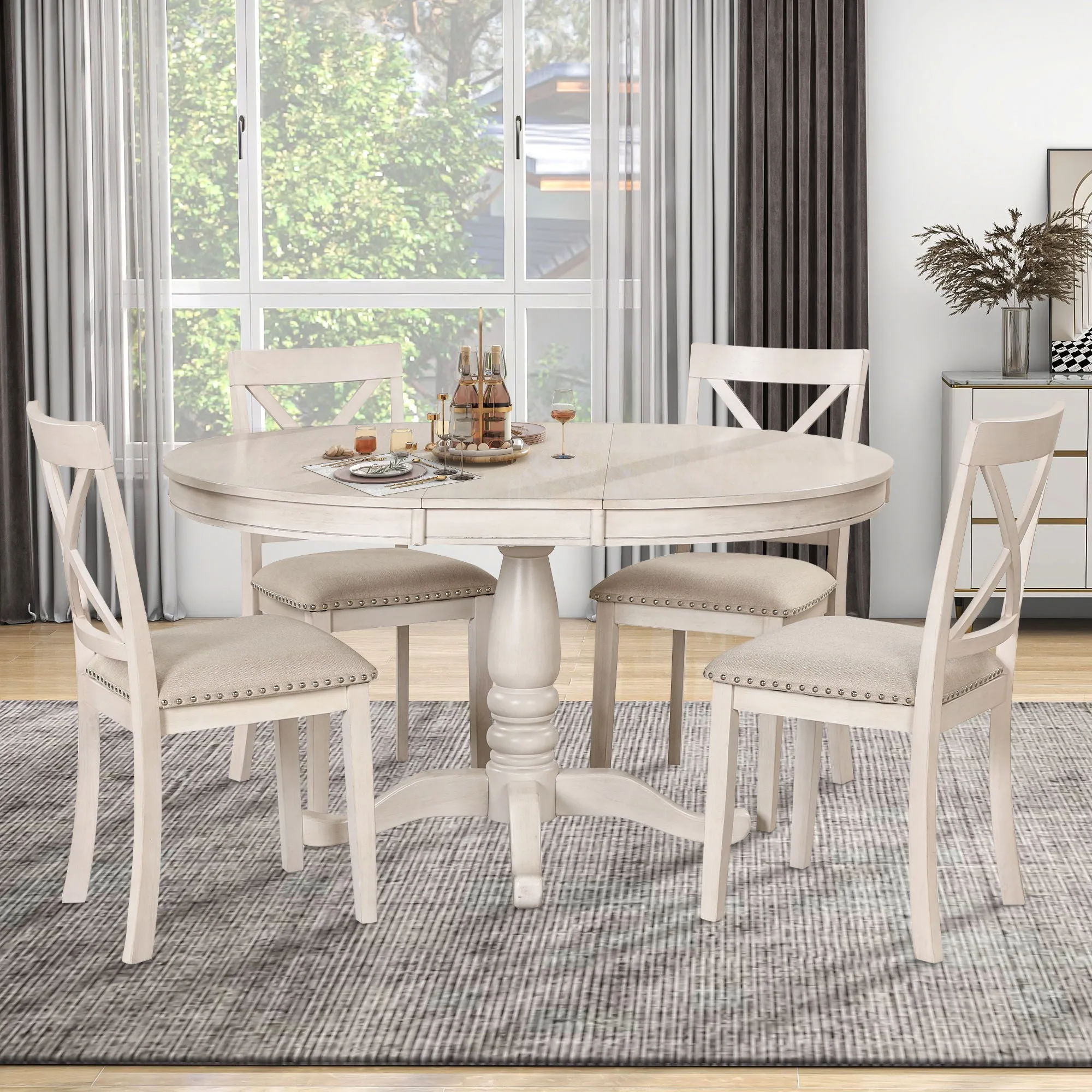 Modern Dining Table Set For 4, Round Table And 4 Kitchen Room Chairs, 5 Piece Kitchen Table Set For Dining Room, Dinette, Breakfast Nook