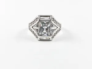 Modern Elegant Slim Layered Square Cut CZ Brass Ring