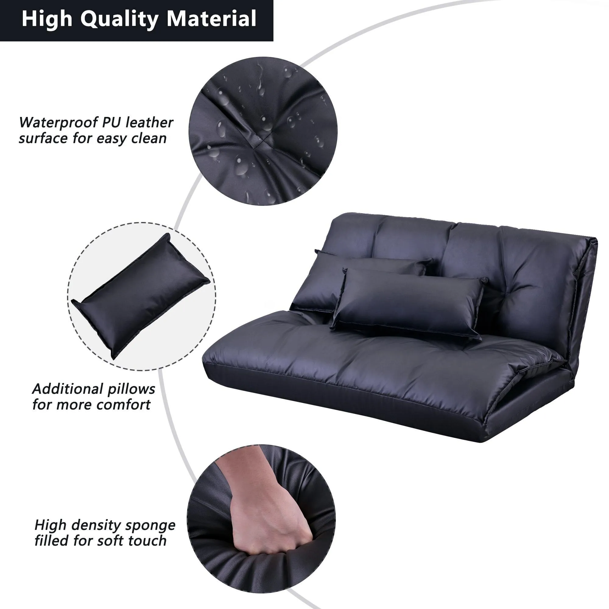 Modern Foldable PU Leather Leisure Floor Sofa Bed with 2 Pillows