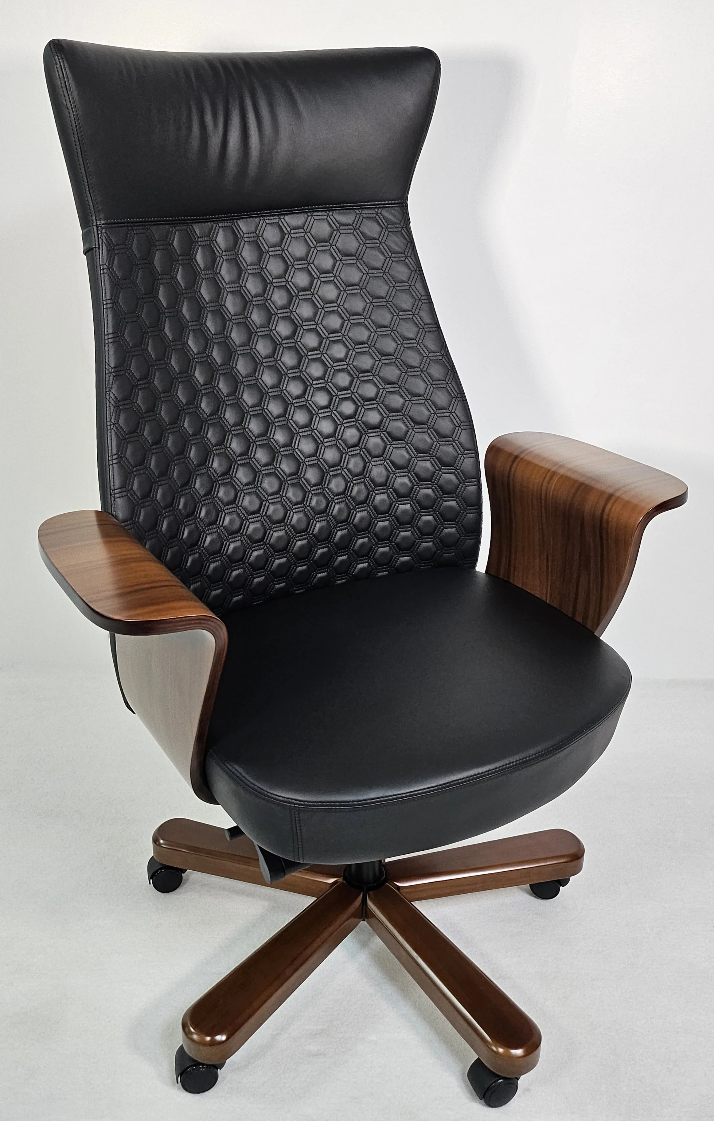 Modern Genuine Black Leather High Back Office Chair with Hexagonal Design - 6084HL