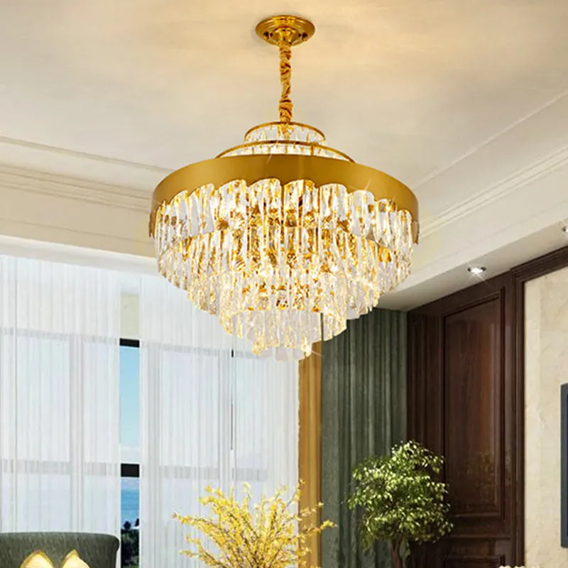 Modern Gold Tiered Round Chandelier Lamp - Clear Crystal Pendant Lighting, 9/12 Lights for Dining Room - 16"/19.5" Wide