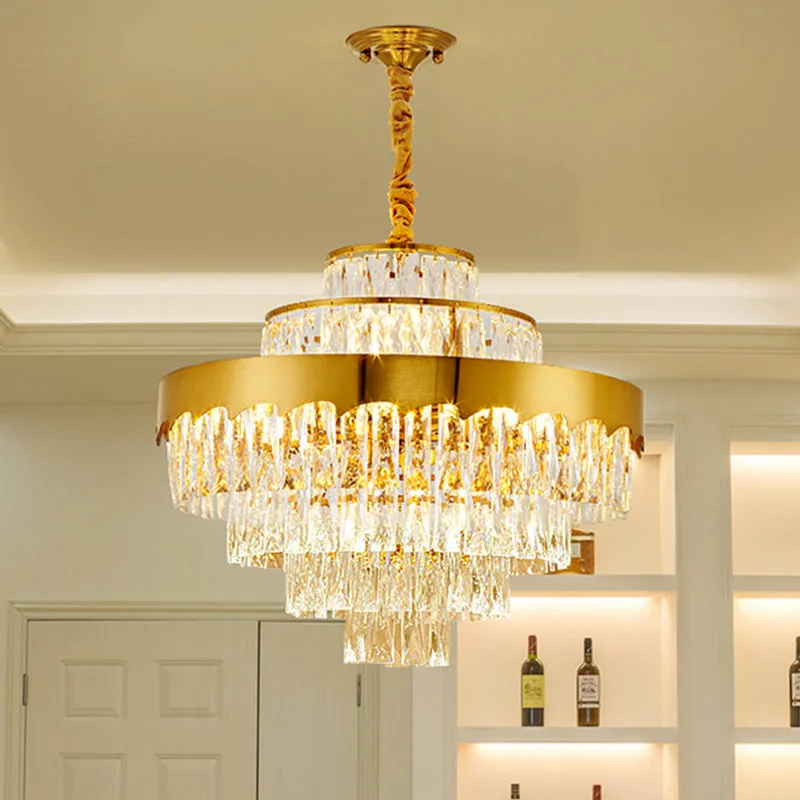 Modern Gold Tiered Round Chandelier Lamp - Clear Crystal Pendant Lighting, 9/12 Lights for Dining Room - 16"/19.5" Wide