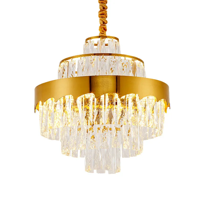 Modern Gold Tiered Round Chandelier Lamp - Clear Crystal Pendant Lighting, 9/12 Lights for Dining Room - 16"/19.5" Wide