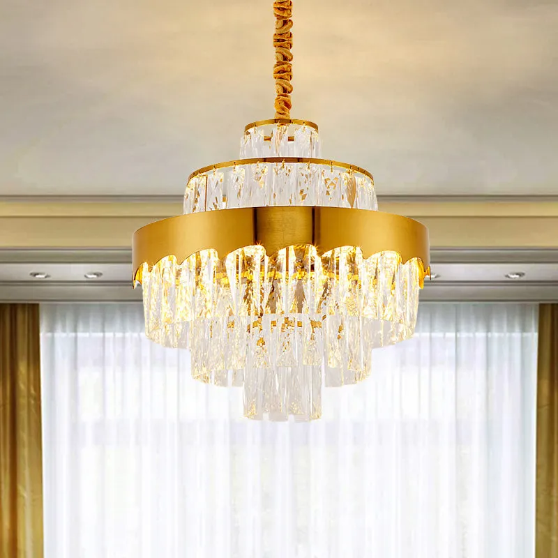 Modern Gold Tiered Round Chandelier Lamp - Clear Crystal Pendant Lighting, 9/12 Lights for Dining Room - 16"/19.5" Wide