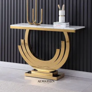 Modern Golden Console Table with Marble Top and Stainless Steel Pedestal