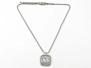 Modern Layered Square Shape With Center CZ & Two Tone Design Brass Necklace