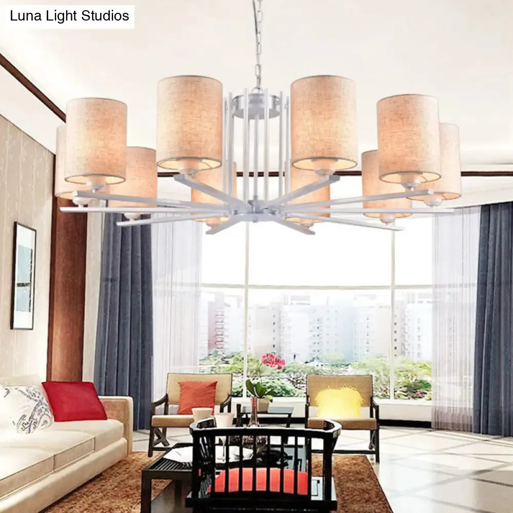 Modern Metal Sputnik Chandelier with White Finish and Cylinder Fabric Shade - 6/8 Heads Hanging Ceiling Lamp