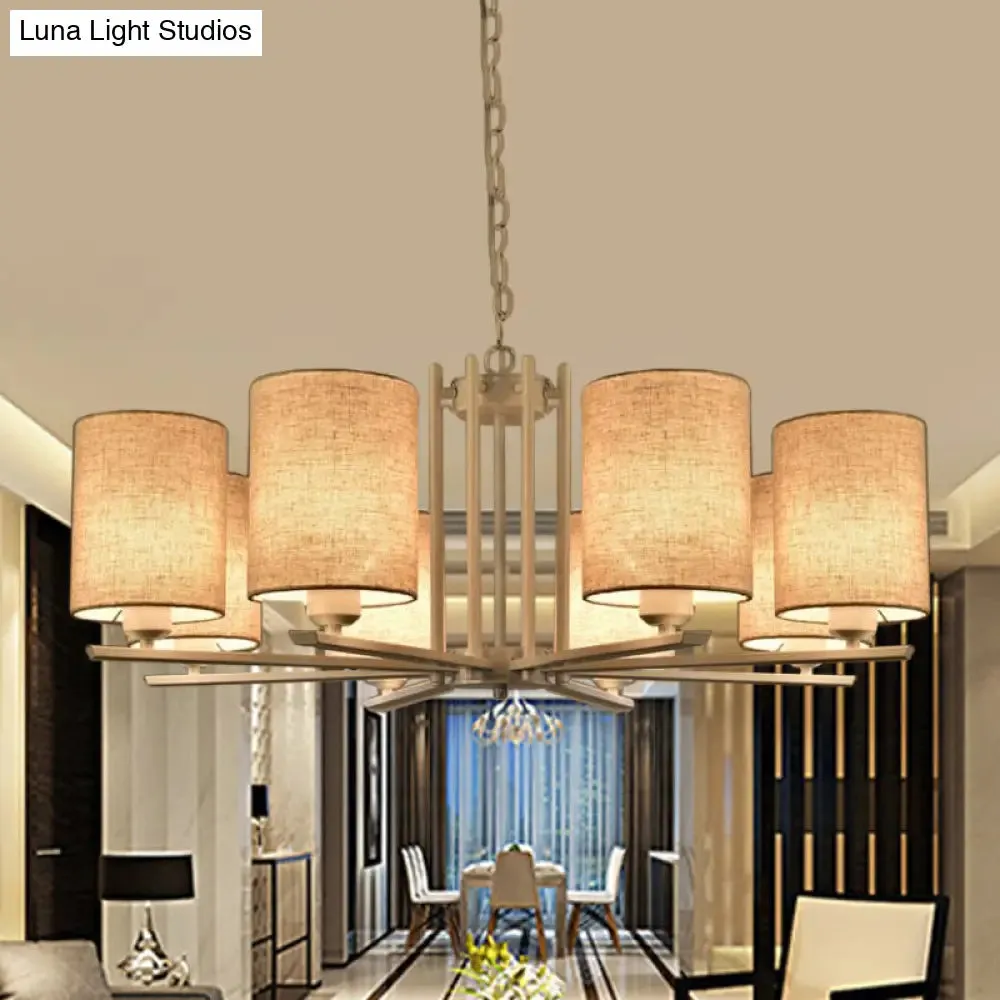 Modern Metal Sputnik Chandelier with White Finish and Cylinder Fabric Shade - 6/8 Heads Hanging Ceiling Lamp