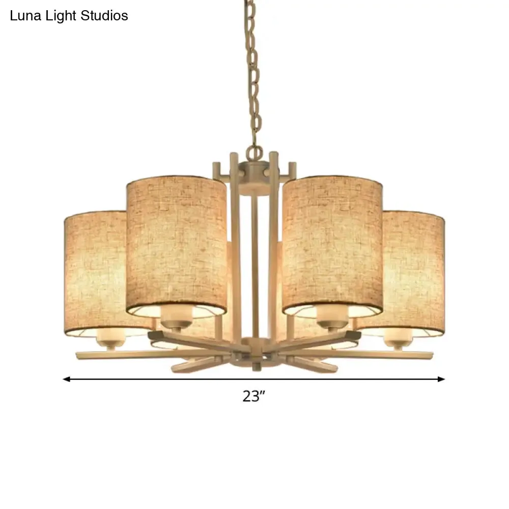 Modern Metal Sputnik Chandelier with White Finish and Cylinder Fabric Shade - 6/8 Heads Hanging Ceiling Lamp