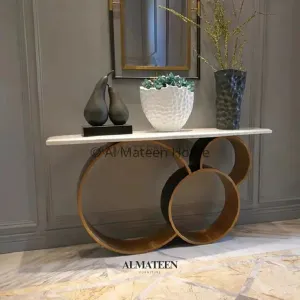 Modern Narrow White Console Table with Marble Top and Stainless Steel Pedestal