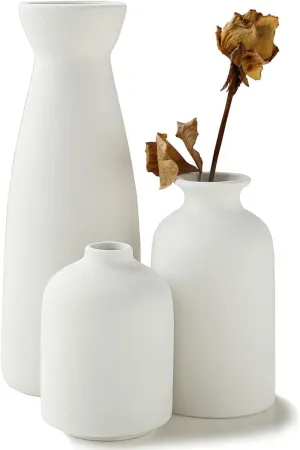 Modern Nordic Ceramic Vase Set, Matte White, Set of 3