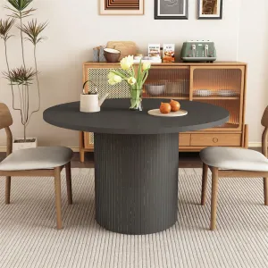 Modern Round Dining Table for 4 Farmhouse Small Circle Kitchen Table with Wood Strip Base