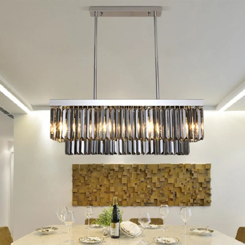 Modern Smoke Gray Crystal Block Hanging Light - Rectangle Shape, 6/8/10 Head Dining Room Chandelier Lamp