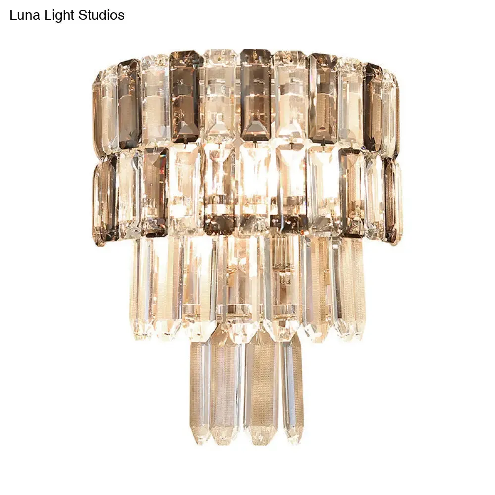 Modern Smoke Gray Crystal Sconce: Layered Design, 2-Bulb Wall Mounted Light Fixture for Living Room