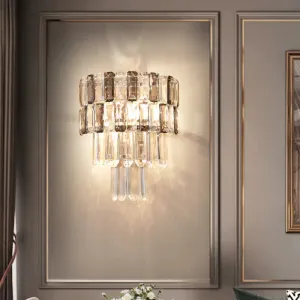 Modern Smoke Gray Crystal Sconce: Layered Design, 2-Bulb Wall Mounted Light Fixture for Living Room