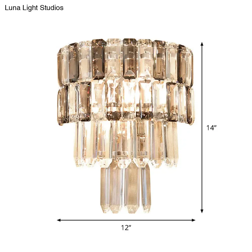 Modern Smoke Gray Crystal Sconce: Layered Design, 2-Bulb Wall Mounted Light Fixture for Living Room