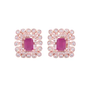 Modern Square Shaped Pink Tops Rose Gold Plated Studs Ad Studded Small Earrings for Women and Girls - Saraf RS Jewellery