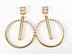 Modern Square With Large Round Dangle Design Baguette CZ Gold Tone Silver Earrings