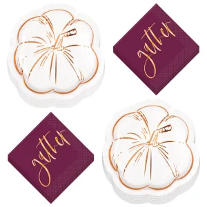 Modern Thanksgiving Pumpkin-Shaped Metallic Paper Dinner Plates and Gather Lunch Napkins for Fall Parties and Thanksgiving Meals (Serves 16)