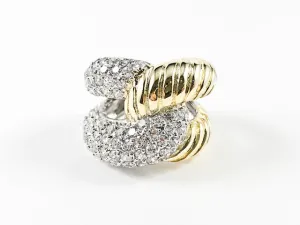 Modern Thick Crossover Design CZ & Shiny Metallic Gold Tone Steel Ring