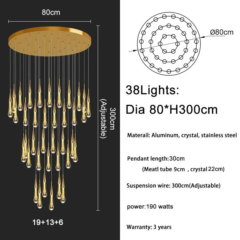 Modern Water Drop Led Crystal Chandelier For Staircase Living Room