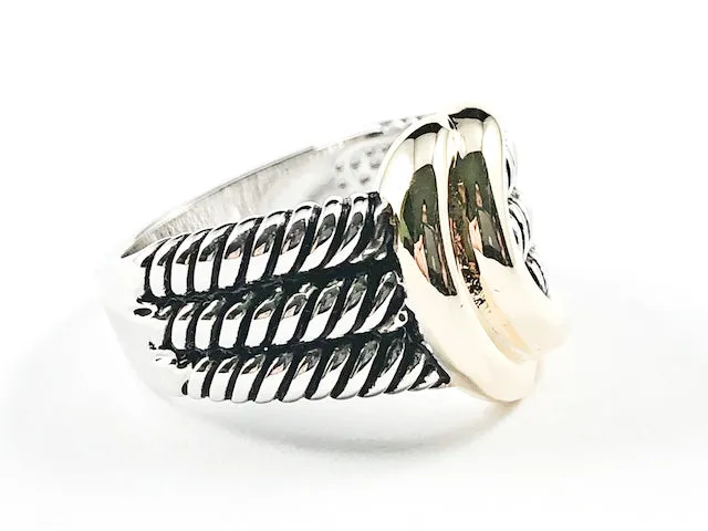 Modern Wire Textured Shiny Metallic Two Tone Style Brass Ring