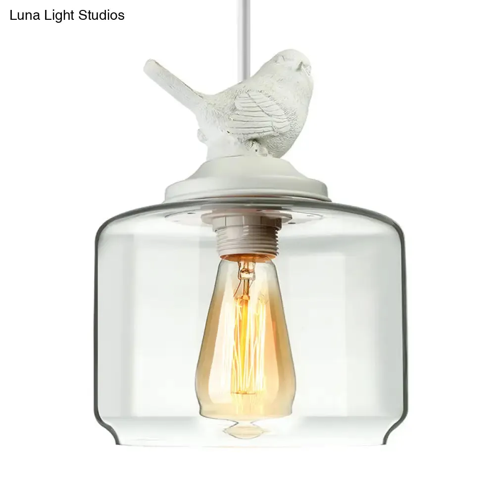 Modernist 5-Light Clear Glass Pendant with Bird Design - Cylindrical Shape