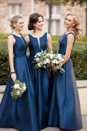 Modest A-line Satin Sleeveless Floor Length Simple Bridesmaid Dresses Prom Gowns UQ2512