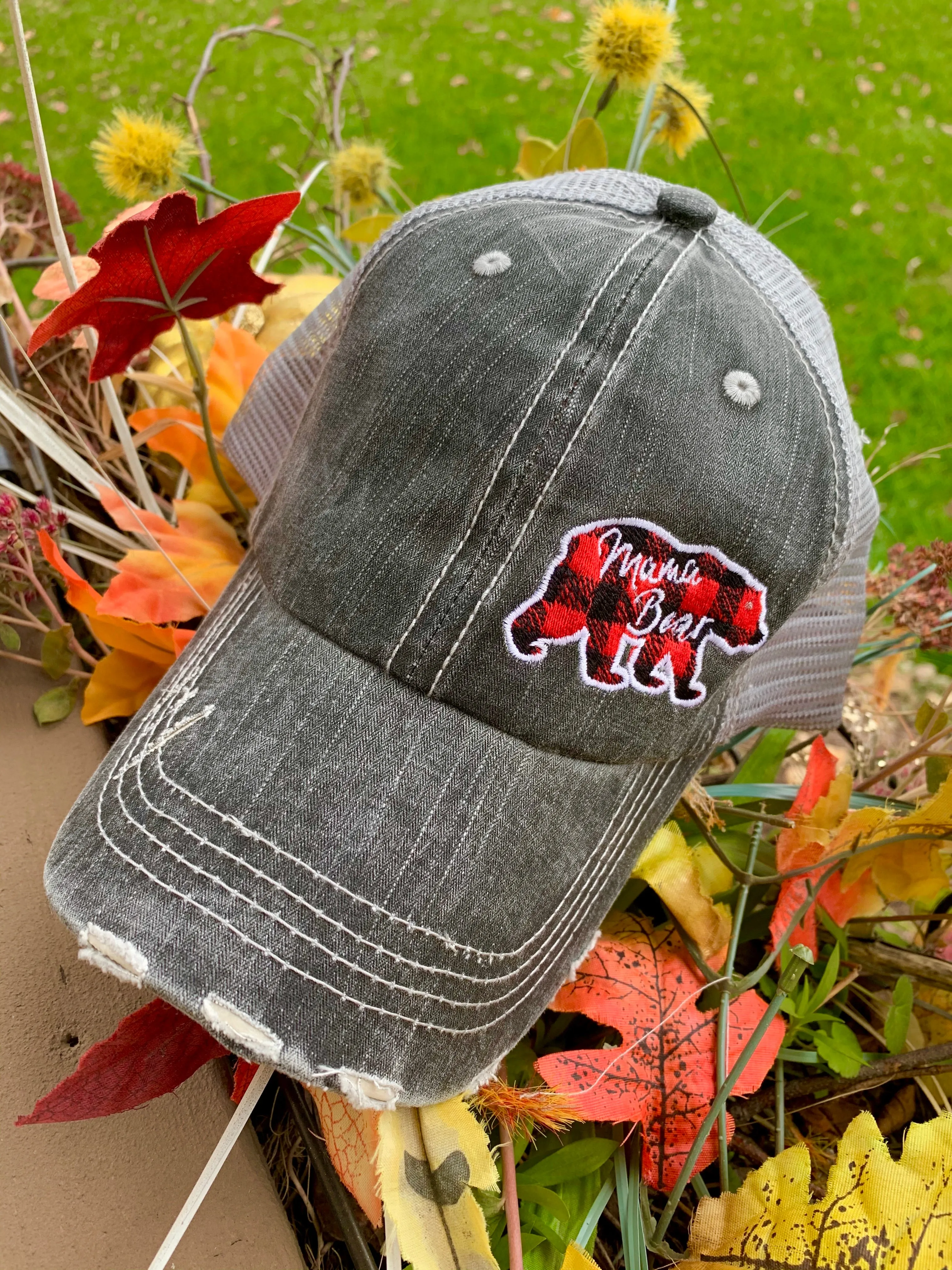 Mom hats Mama bear Baby bear Embroidered distressed womens trucker caps Buffalo plaid