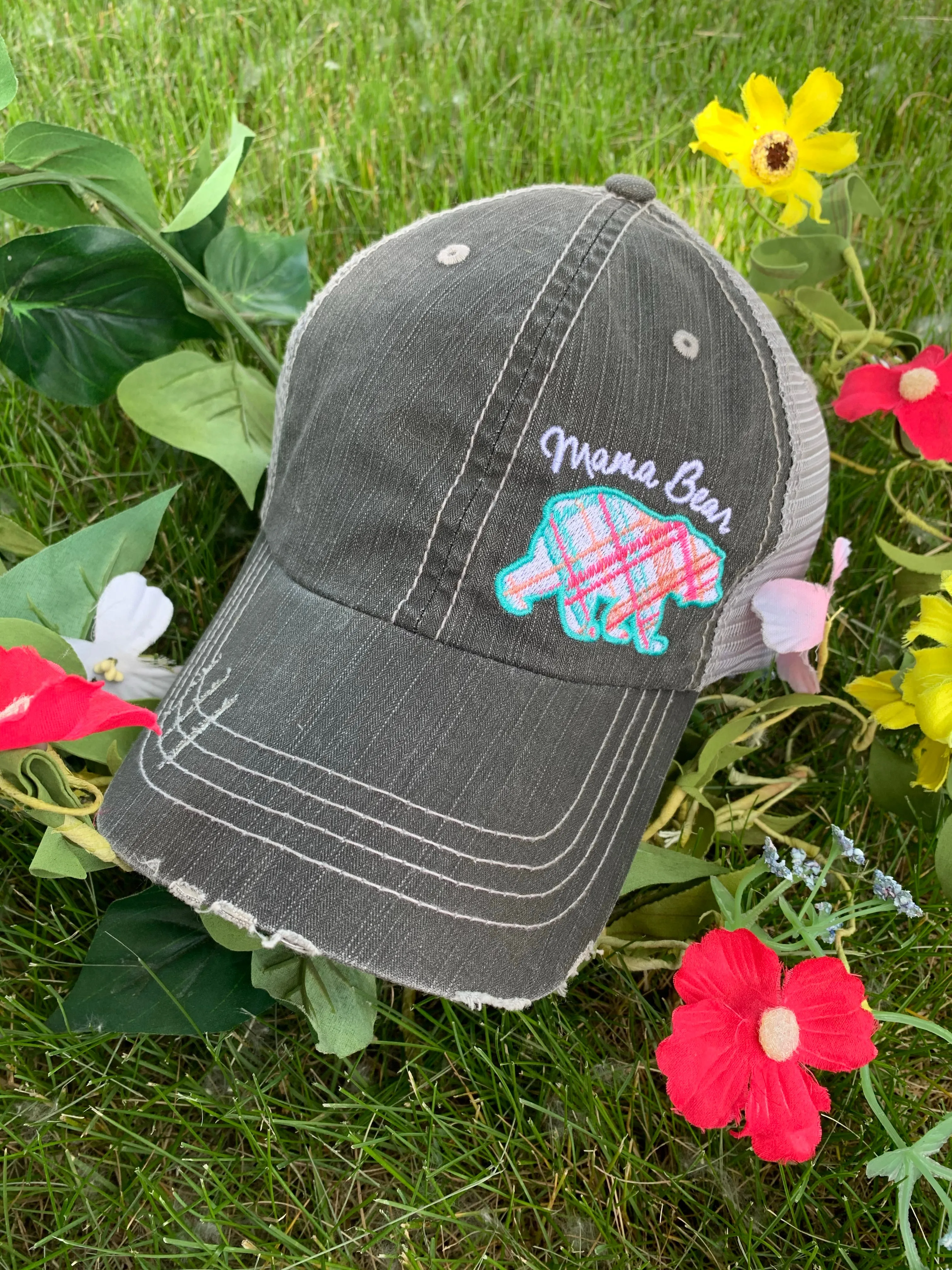 Mom hats Mama bear Baby bear Embroidered distressed womens trucker caps Buffalo plaid