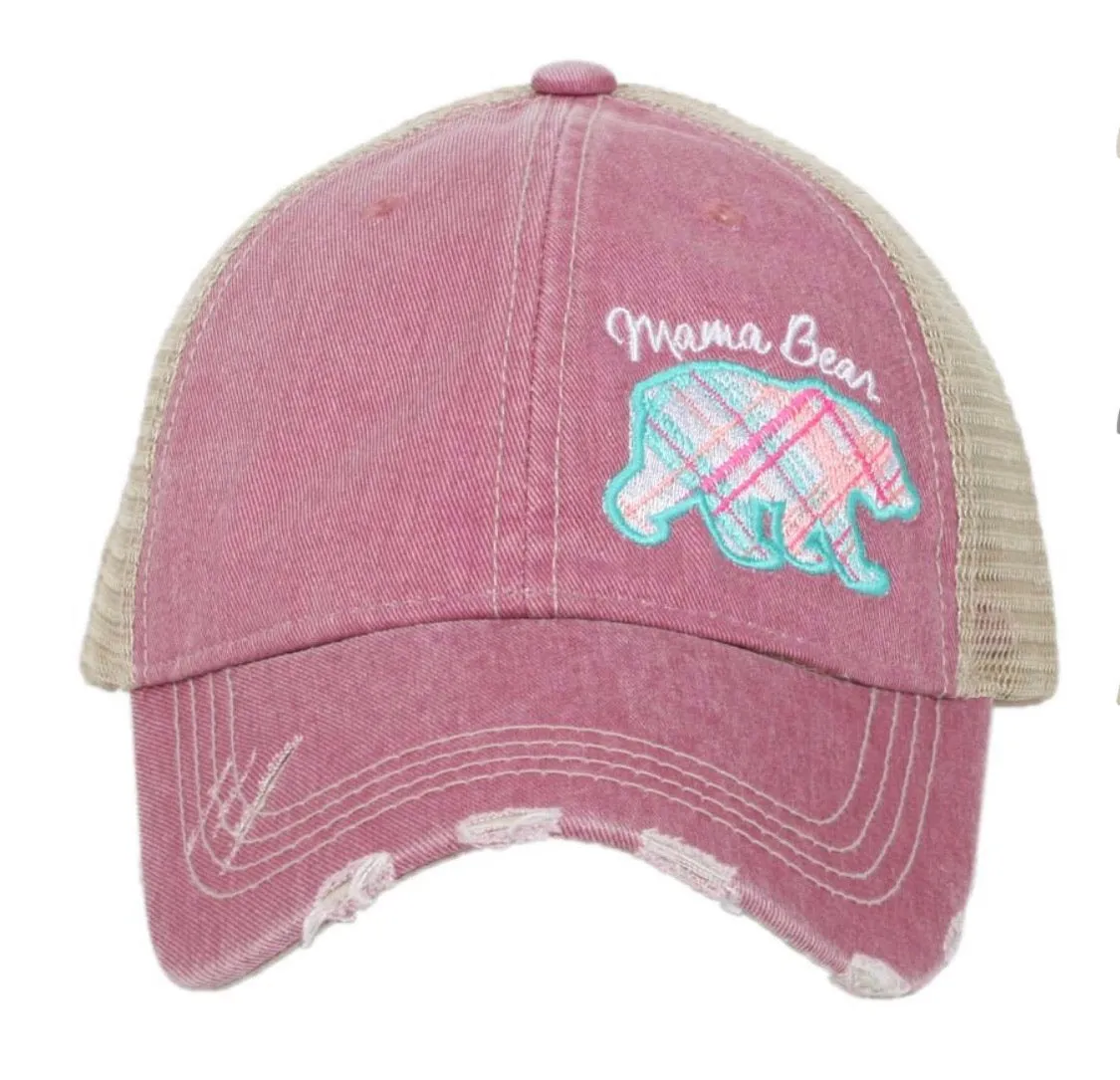 Mom hats Mama bear Baby bear Embroidered distressed womens trucker caps Buffalo plaid