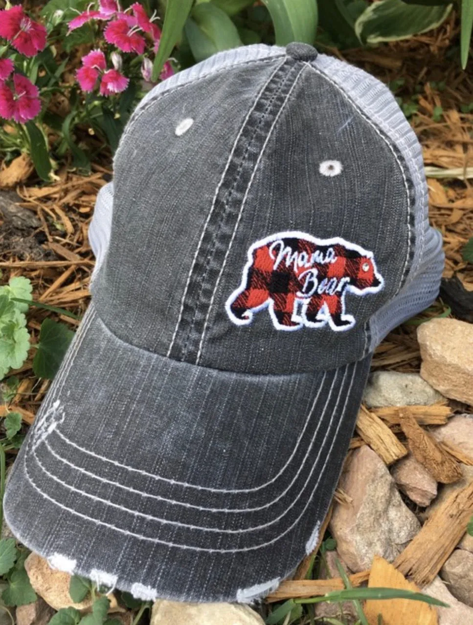 Mom hats Mama bear Baby bear Embroidered distressed womens trucker caps Buffalo plaid