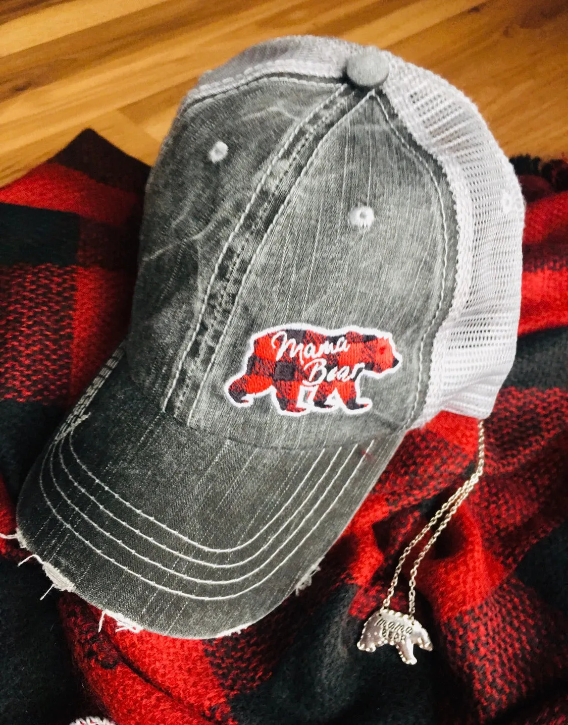 Mom hats Mama bear Baby bear Embroidered distressed womens trucker caps Buffalo plaid