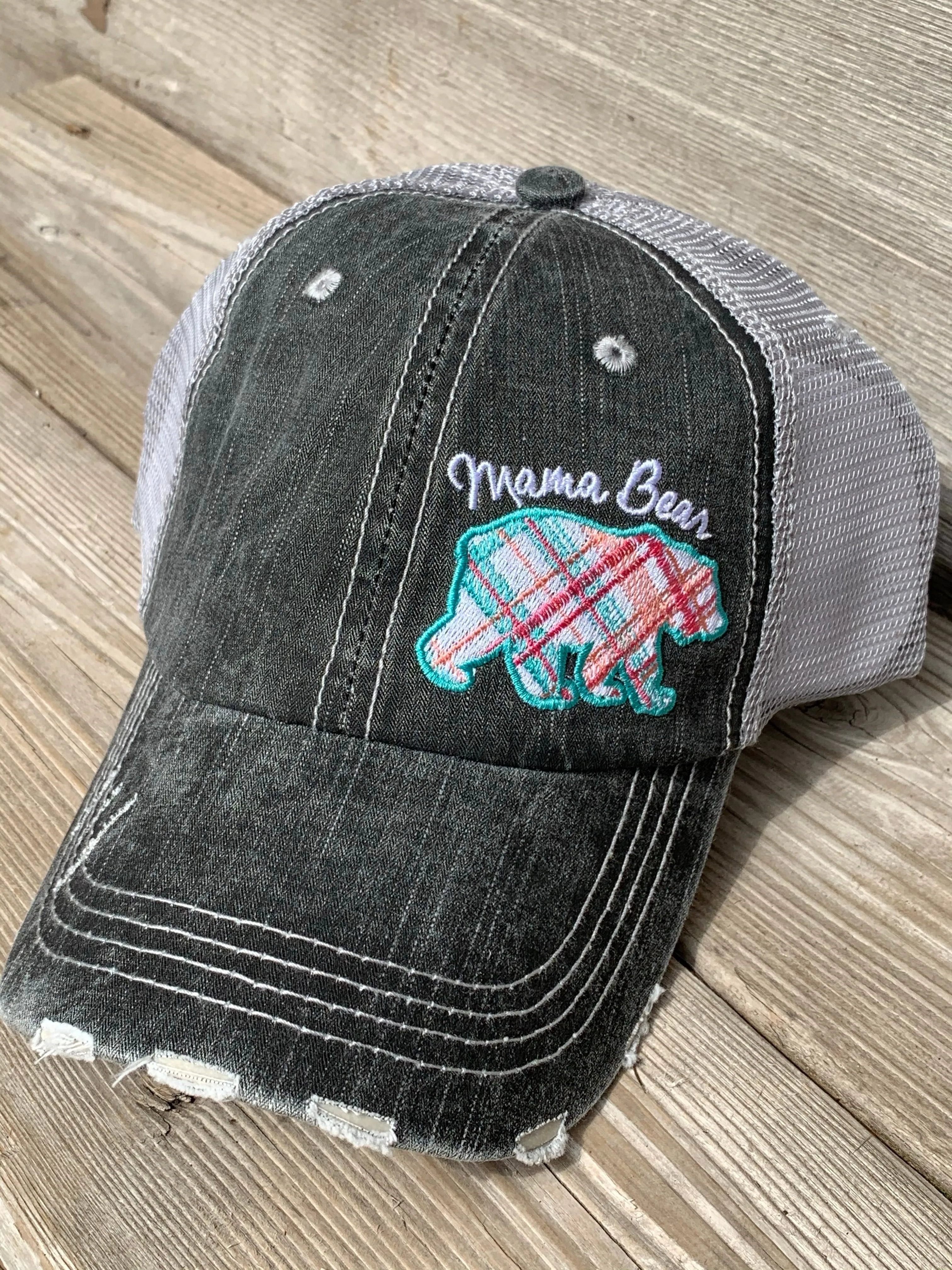 Mom hats Mama bear Baby bear Embroidered distressed womens trucker caps Buffalo plaid