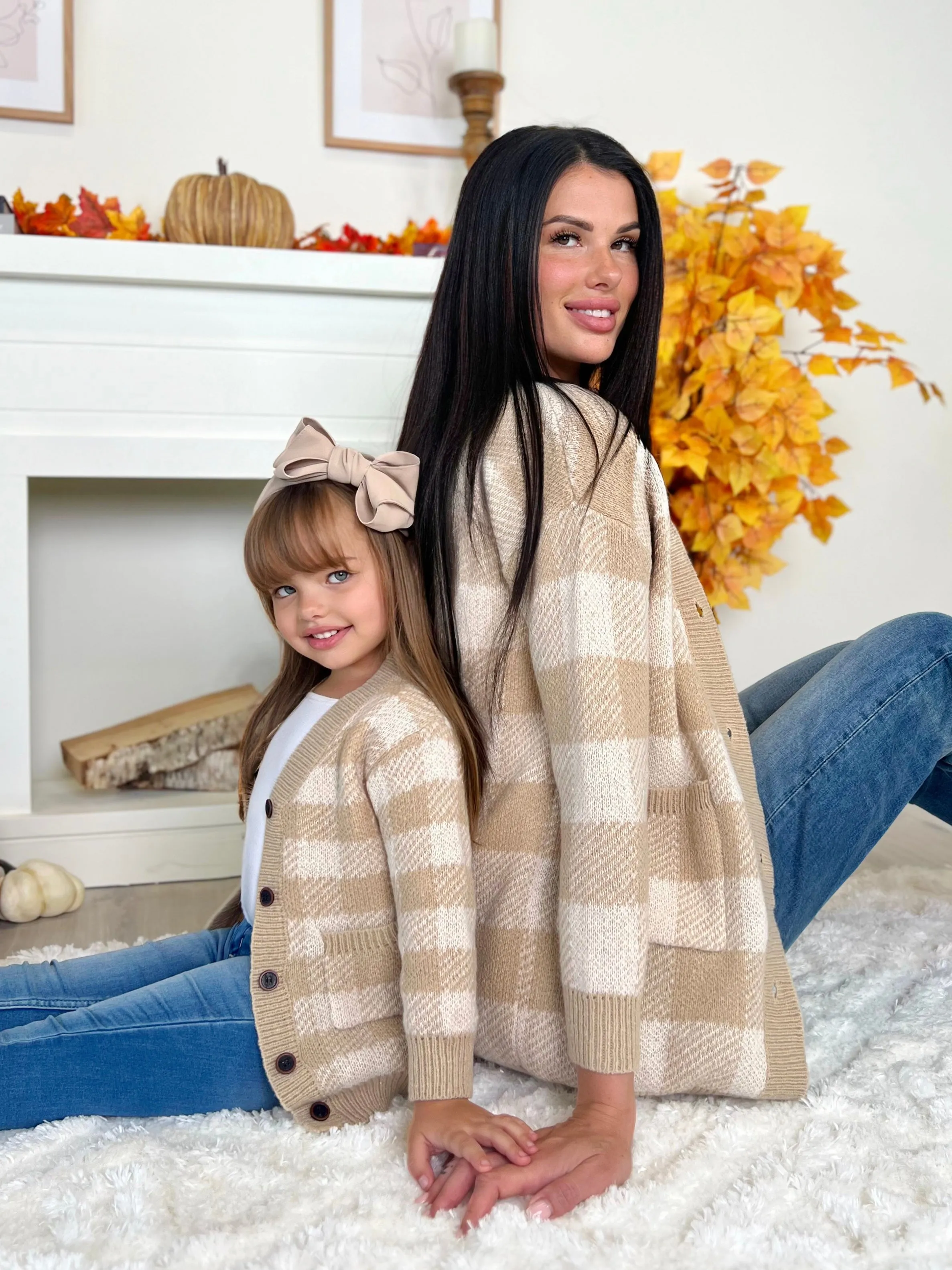 Mommy And Me Beige And White Checkered Oversized Cardigan