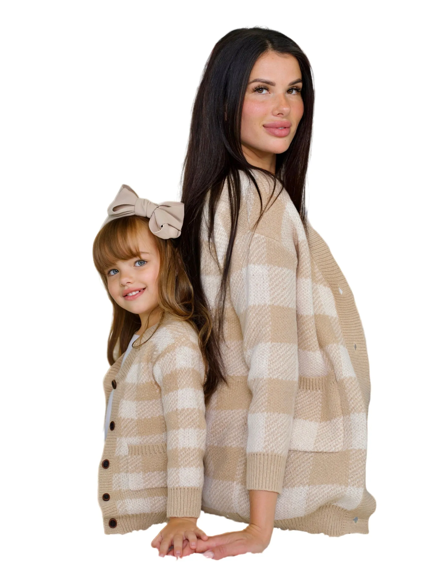 Mommy And Me Beige And White Checkered Oversized Cardigan