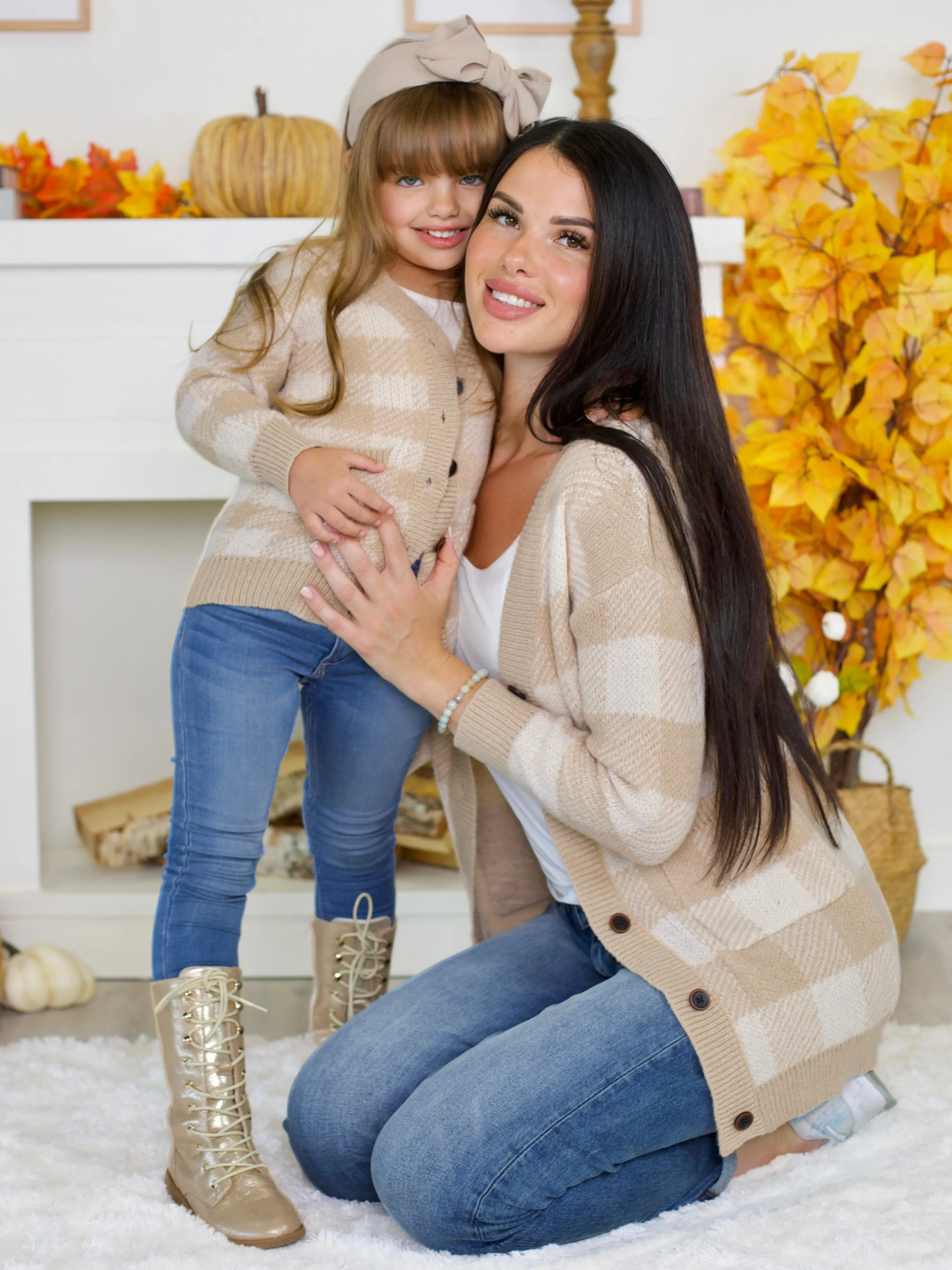 Mommy And Me Beige And White Checkered Oversized Cardigan