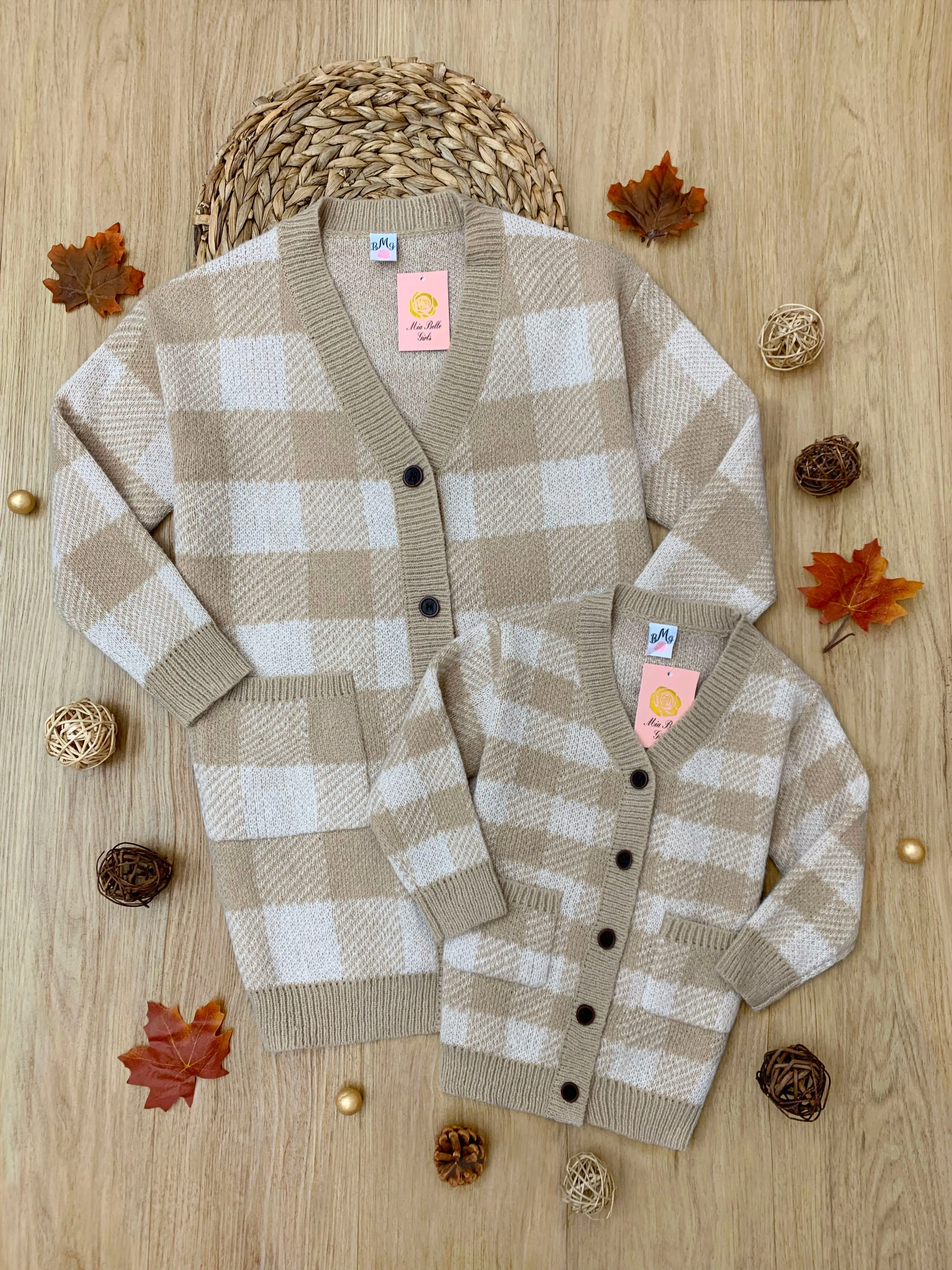 Mommy And Me Beige And White Checkered Oversized Cardigan