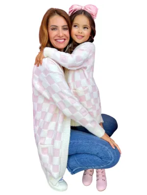 Mommy And Me Checkered Charm Pink Cardigan