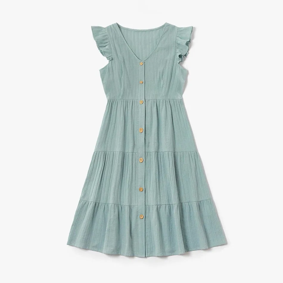 Mommy and Me Family Matching Dress Solid Color Ruffle Dress