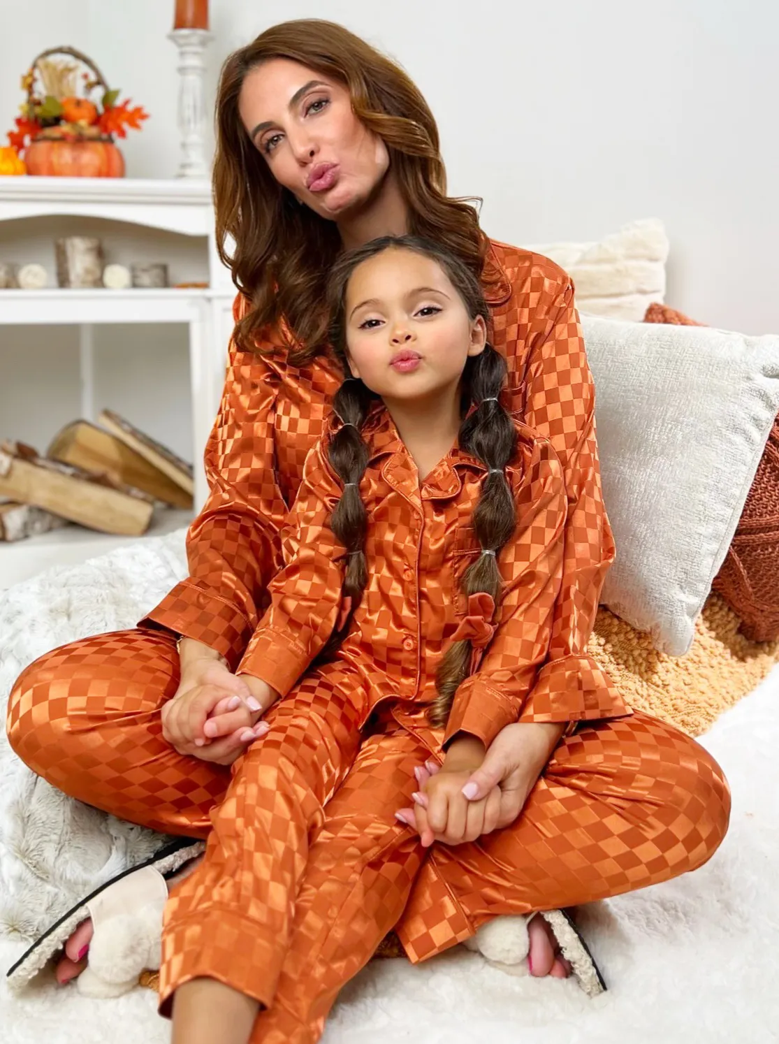 Mommy And Me Pumpkin Spice Checkered Silk Pajamas