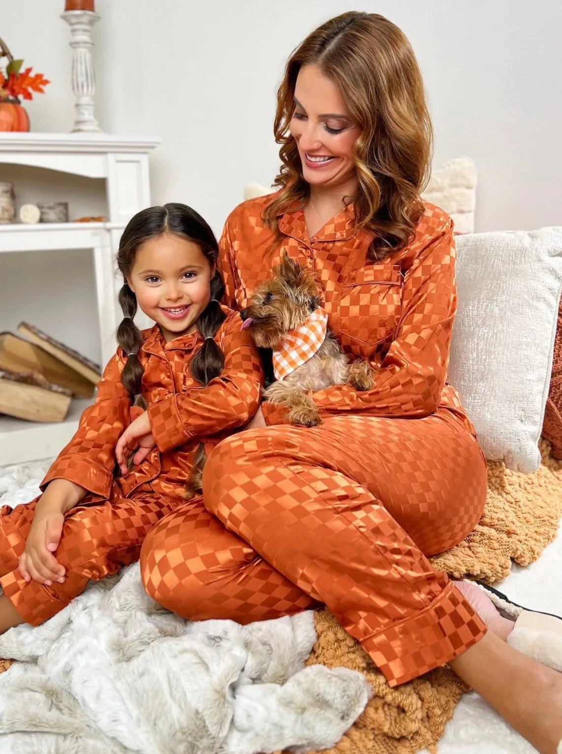 Mommy And Me Pumpkin Spice Checkered Silk Pajamas