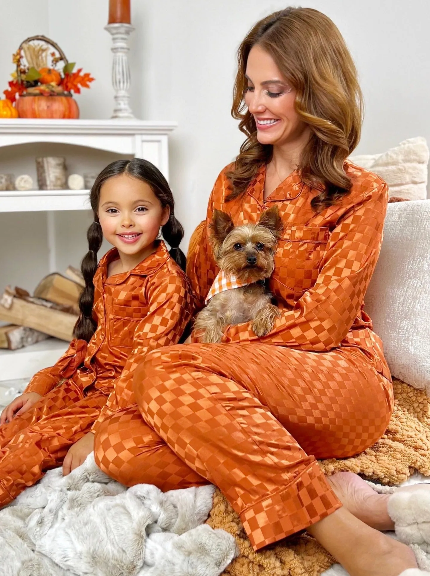 Mommy And Me Pumpkin Spice Checkered Silk Pajamas