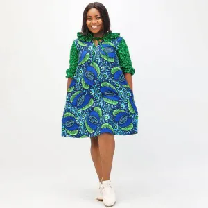 MOM'S GREEN AND BLUE ANKARA DRESS WITH SCARF