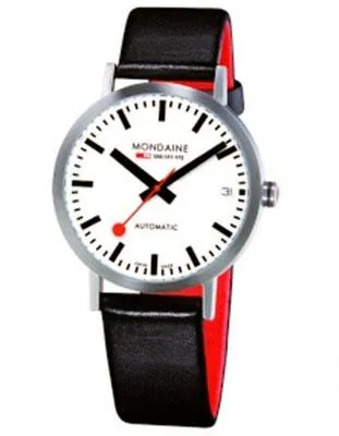 Mondaine Classic Automatic 33mm- Steel Case - White Dial - Black & Red Strap